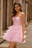Pink Tiered Sequins Strapless Corset Mini Homecoming Dress
