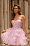 Pink Tiered Sequins Strapless Corset Mini Homecoming Dress
