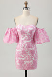 Pink Jacquard Floral Strapless Detachable Sleeves Short Tight Cocktail Dress