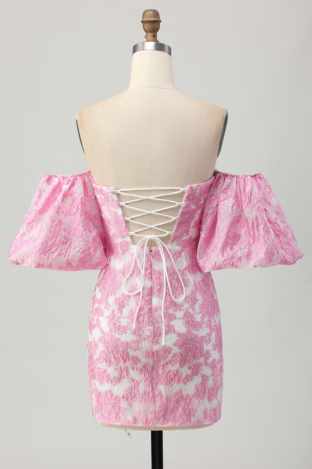 Strapless Floral Textured Pink Homecoming Dress with Puff Sleeves