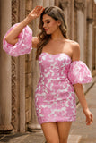 Strapless Floral Textured Pink Homecoming Dress with Puff Sleeves