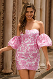 Strapless Floral Textured Pink Homecoming Dress with Puff Sleeves