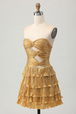 Metallic Golden A Line Sweetheart Ruffled Short Cocktail Dress