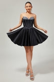 Black A-Line Strapless Beaded Short Homecoming Dress with Bow