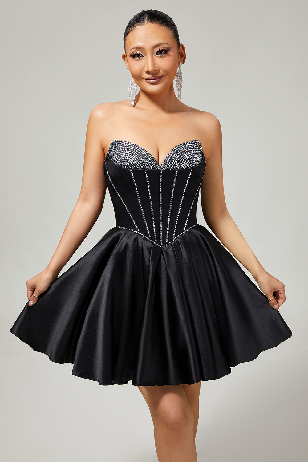 Black A-Line Strapless Beaded Short Homecoming Dress with Bow