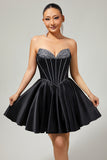 Black A-Line Strapless Beaded Short Homecoming Dress with Bow