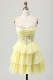 Sparkly Yellow Strapless Tiered Corset Short Cocktail Dress with Beading