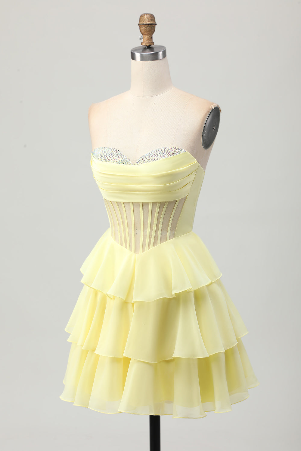 Sparkly Yellow Strapless Tiered Corset Short Cocktail Dress with Beading