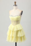 Sparkly Yellow Strapless Tiered Corset Short Cocktail Dress with Beading