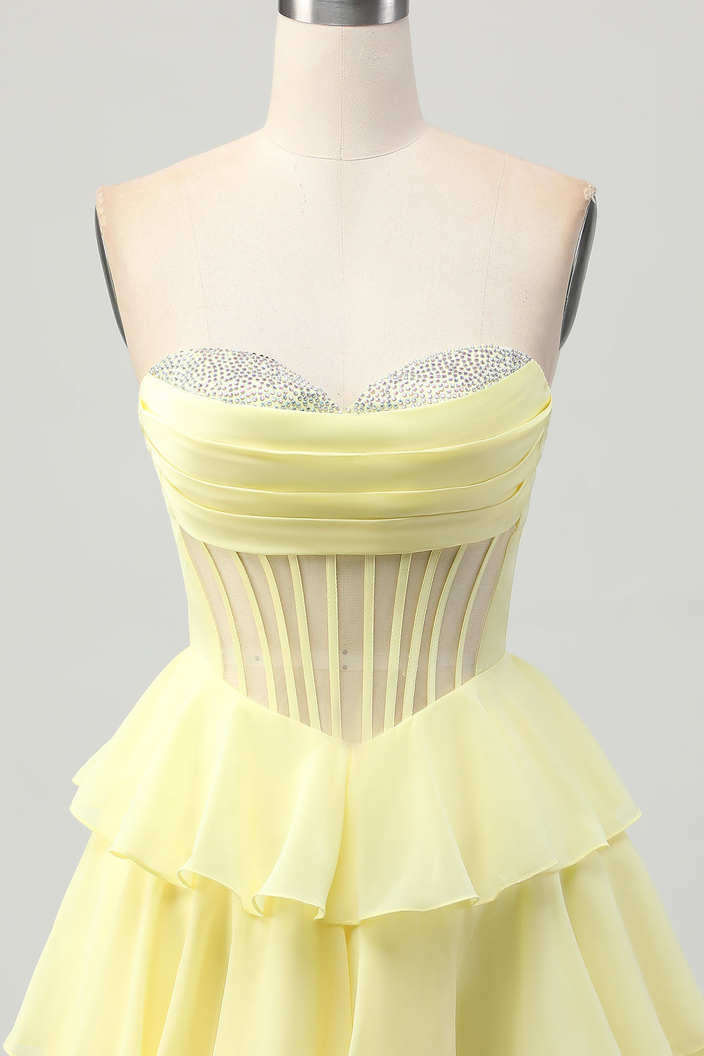 Sparkly Yellow Strapless Tiered Corset Short Cocktail Dress with Beading