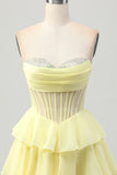 Sparkly Yellow Strapless Tiered Corset Short Cocktail Dress with Beading