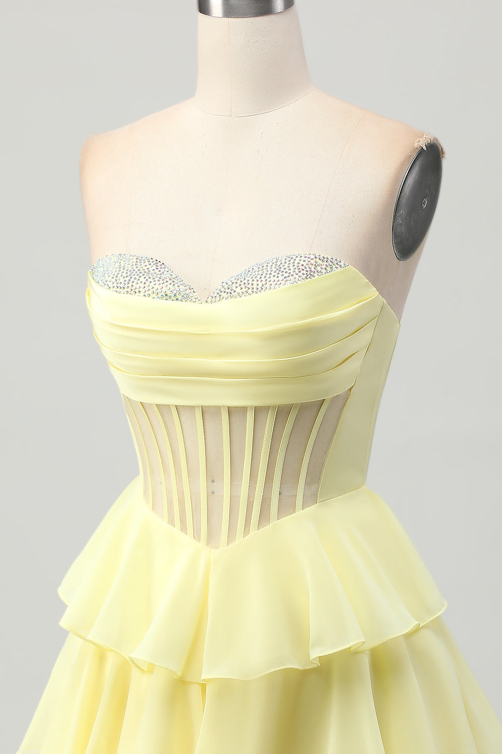 Sparkly Yellow Strapless Tiered Corset Short Cocktail Dress with Beading