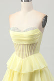 Sparkly Yellow Strapless Tiered Corset Short Cocktail Dress with Beading