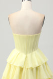 Sparkly Yellow Strapless Tiered Corset Short Cocktail Dress with Beading