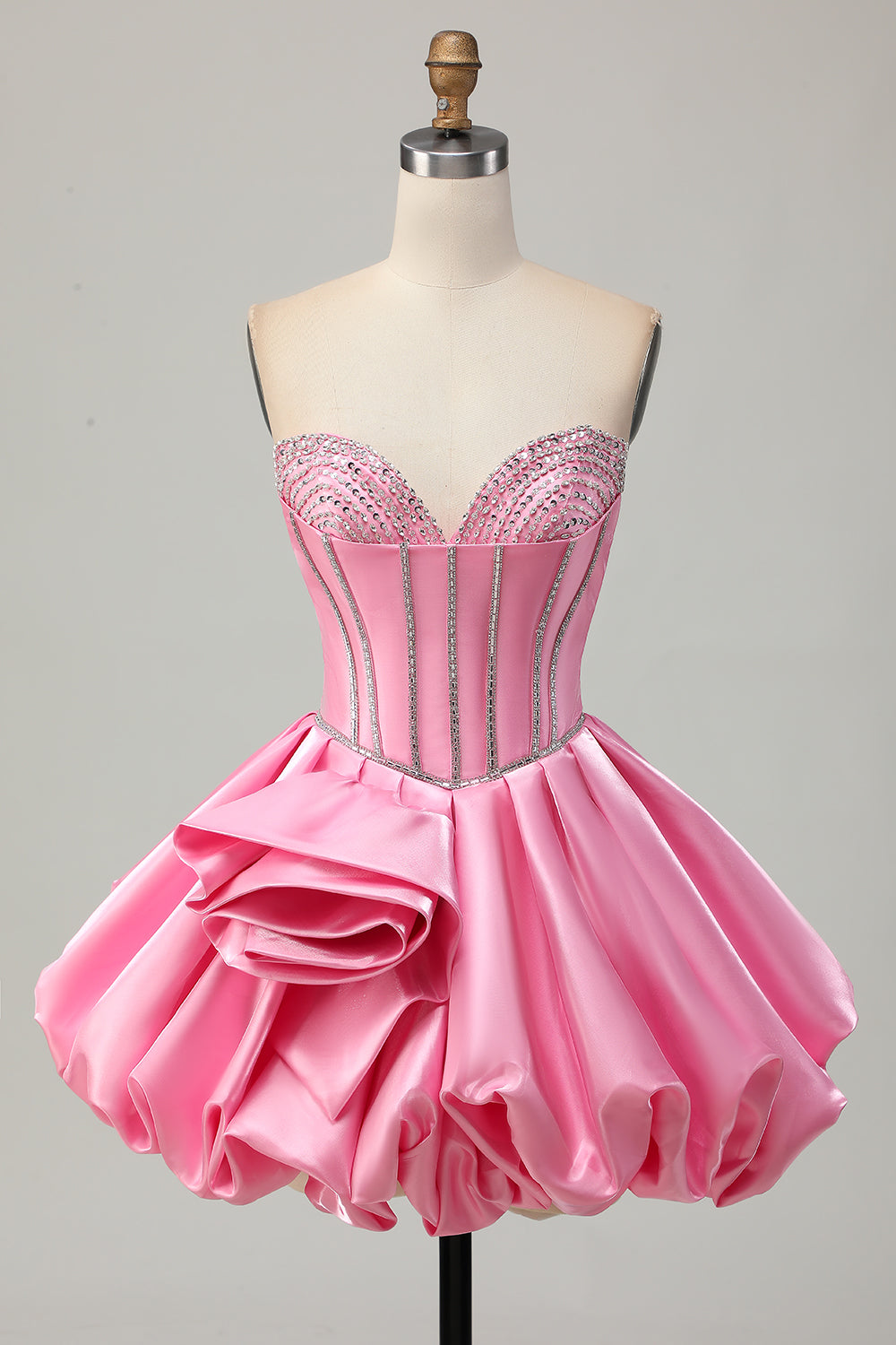 Sparkly Pink Strapless Short Corset Cocktail Dress with Rhinestone