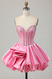 Sparkly Pink Strapless Short Corset Cocktail Dress with Rhinestone
