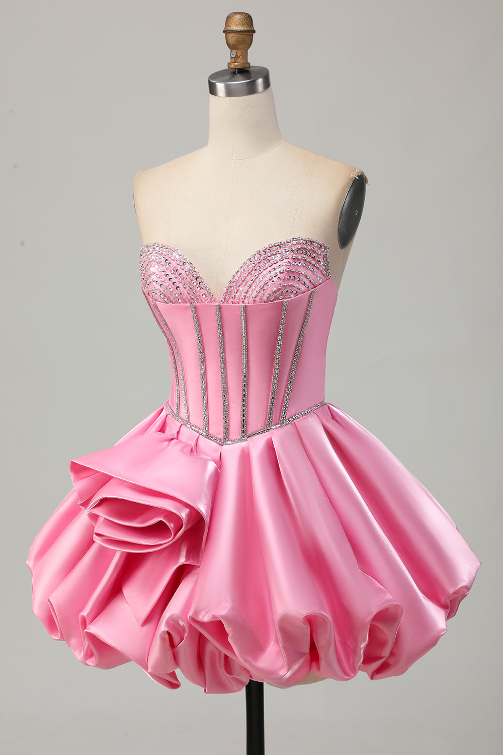 Sparkly Pink Strapless Short Corset Cocktail Dress with Rhinestone