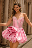 Pink Strapless A Line Corset Beaded Homecoming Dress with Rhinestones