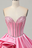Sparkly Pink Strapless Short Corset Cocktail Dress with Rhinestone