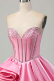 Sparkly Pink Strapless Short Corset Cocktail Dress with Rhinestone