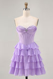 Strapless Purple Tiered Corset A Line Short Homecoming Dress