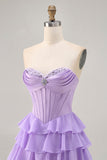 Strapless Purple Tiered Corset A Line Short Homecoming Dress