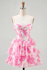 Sparkly Fuchsia Floral Ruffled Tiered Short Corset Cocktail Dress with Rhinestones