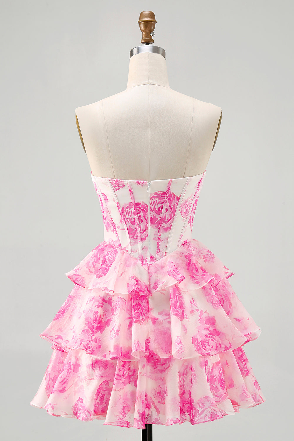 Sparkly Fuchsia Floral Ruffled Tiered Short Corset Cocktail Dress with Rhinestones