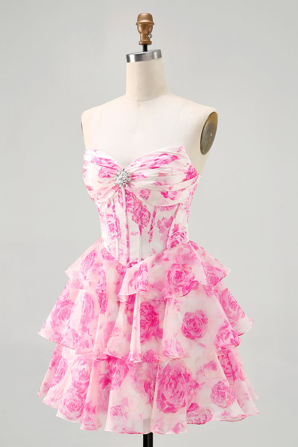 Sparkly Fuchsia Floral Ruffled Tiered Short Corset Cocktail Dress with Rhinestones