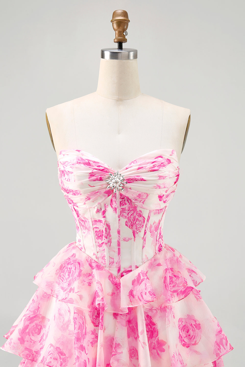 Sparkly Fuchsia Floral Ruffled Tiered Short Corset Cocktail Dress with Rhinestones