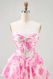 Sparkly Fuchsia Floral Ruffled Tiered Short Corset Cocktail Dress with Rhinestones