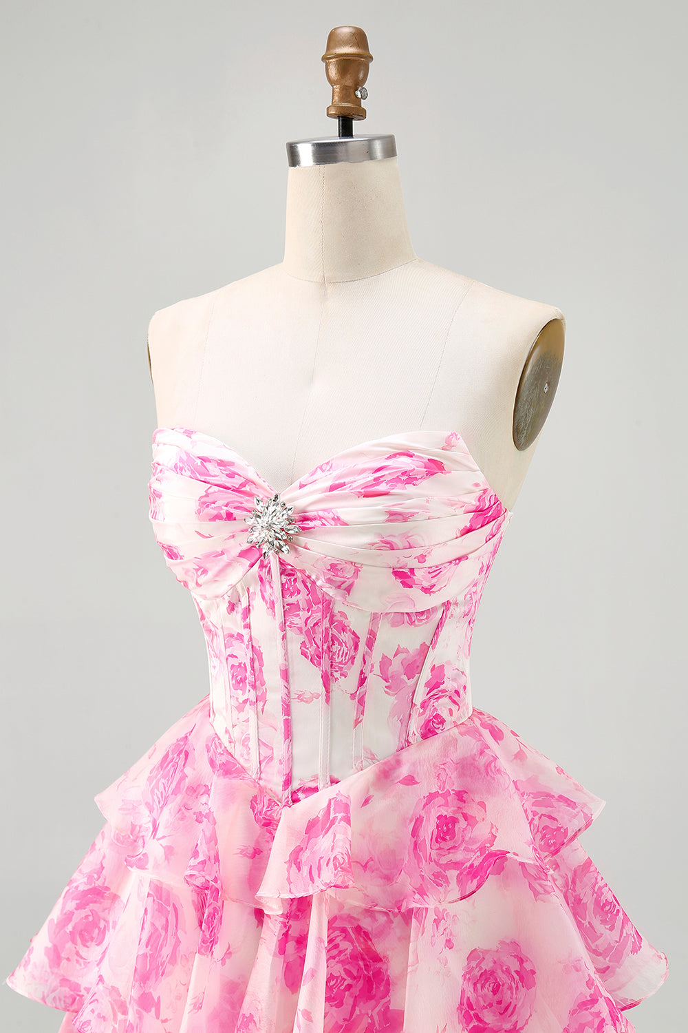 Sparkly Fuchsia Floral Ruffled Tiered Short Corset Cocktail Dress with Rhinestones