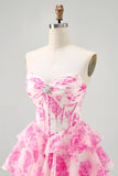 Sparkly Fuchsia Floral Ruffled Tiered Short Corset Cocktail Dress with Rhinestones