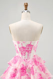 Sparkly Fuchsia Floral Ruffled Tiered Short Corset Cocktail Dress with Rhinestones