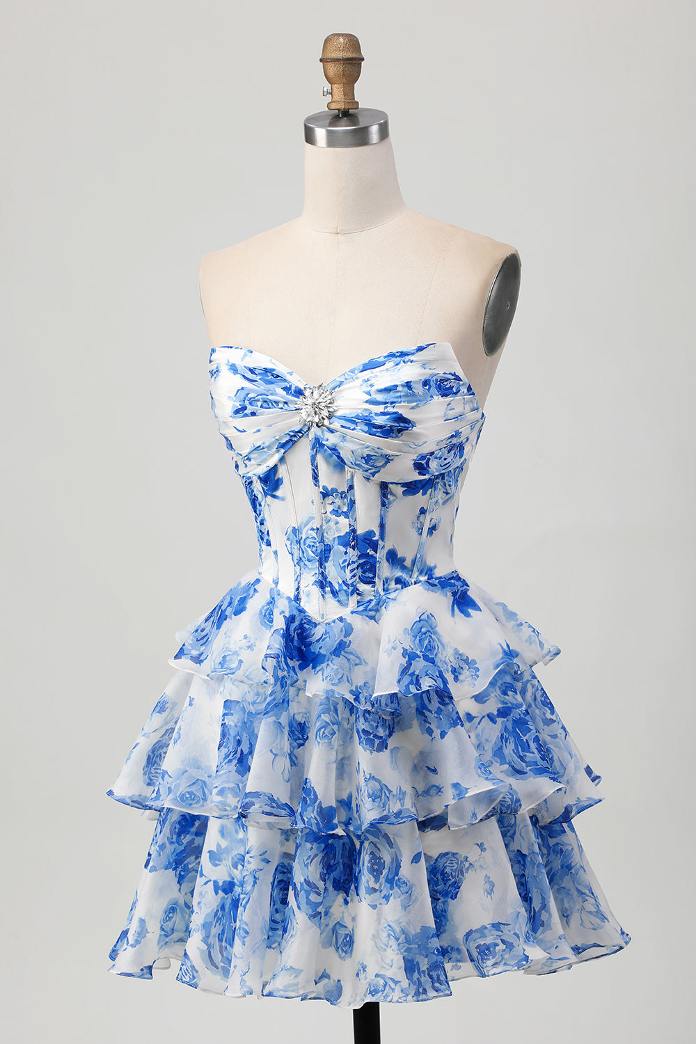 Sparkly Fuchsia Floral Ruffled Tiered Short Corset Cocktail Dress with Rhinestones
