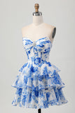 Sparkly White and Blue Ruffled Corset Tiered Short Floral Cocktail Dress