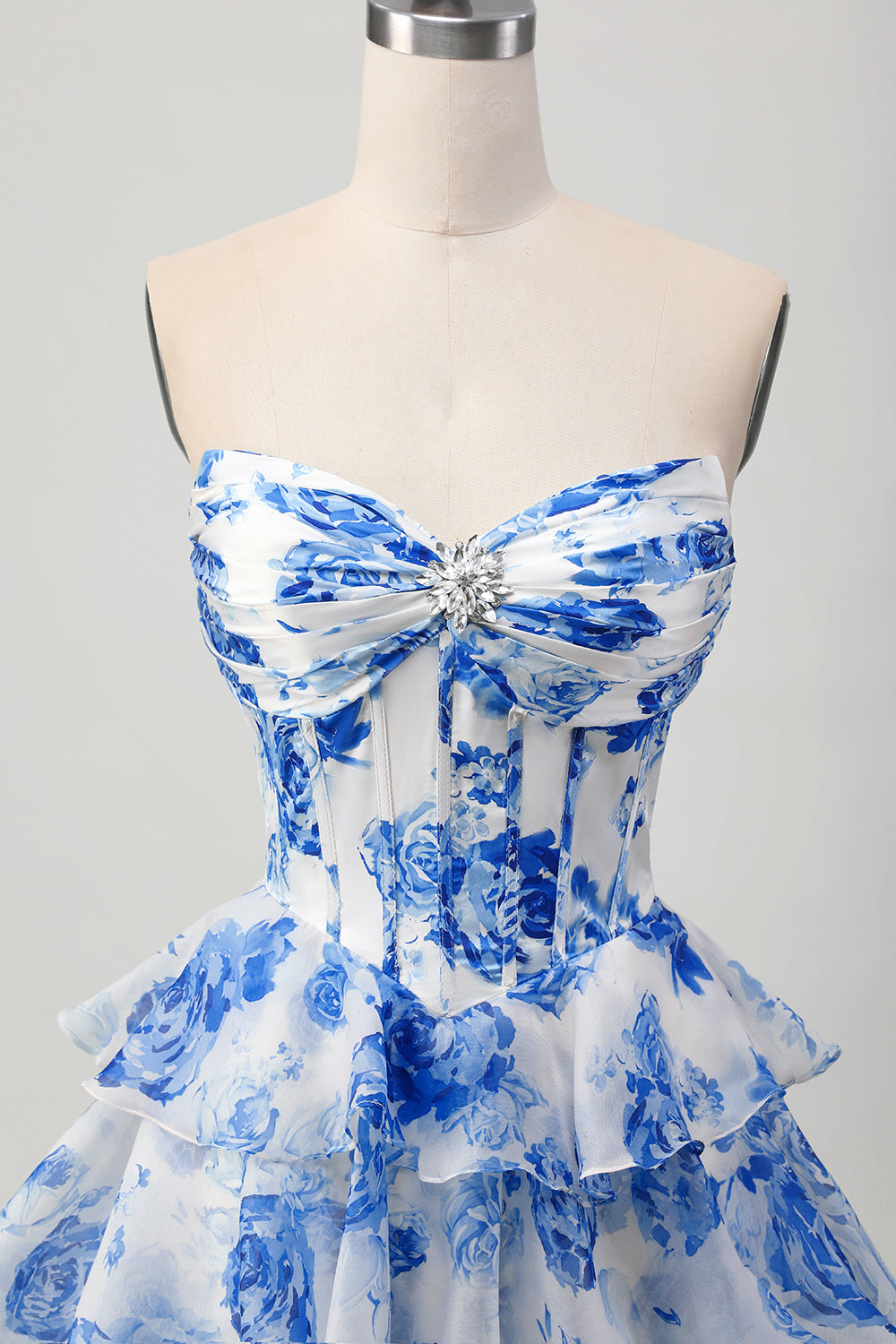 Sparkly White and Blue Ruffled Corset Tiered Short Floral Cocktail Dress