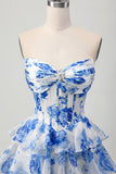 Sparkly White and Blue Ruffled Corset Tiered Short Floral Cocktail Dress