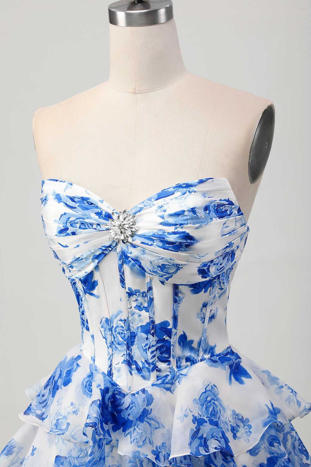 Sparkly Fuchsia Floral Ruffled Tiered Short Corset Cocktail Dress with Rhinestones