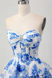 Sparkly Fuchsia Floral Ruffled Tiered Short Corset Cocktail Dress with Rhinestones