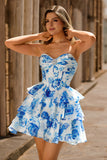 White Blue Floral Corset A-line Strapless Tiered Homecoming Dress