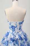 Sparkly Fuchsia Floral Ruffled Tiered Short Corset Cocktail Dress with Rhinestones