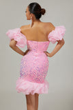 Sparkly Off The Shoulder Pink Sequins Tight Homecoming Dress