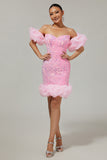 Sparkly Off The Shoulder Pink Sequins Tight Homecoming Dress