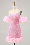 Sparkly Off The Shoulder Pink Sequins Tight Homecoming Dress