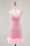Sparkly Off The Shoulder Pink Sequins Tight Homecoming Dress