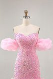 Sparkly Off The Shoulder Pink Sequins Tight Homecoming Dress