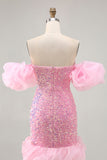Sparkly Off The Shoulder Pink Sequins Tight Homecoming Dress