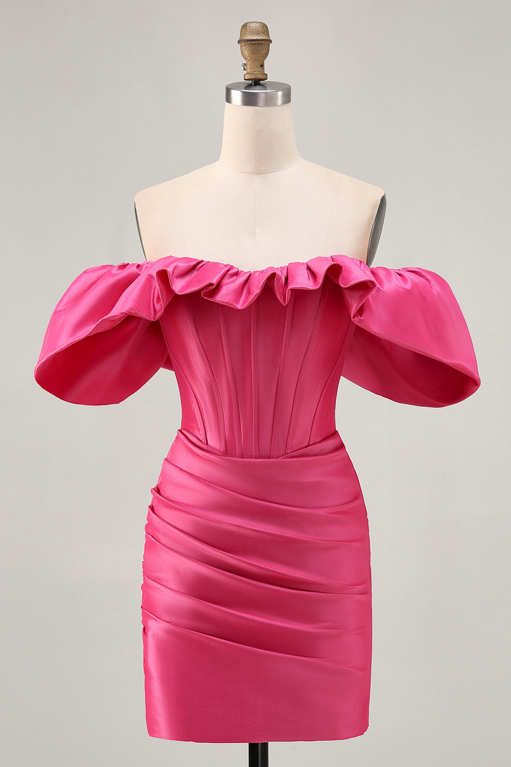 Satin Off The Shoulder Fuchsia Ruffled Tight Homecoming Dress