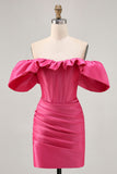 Satin Off The Shoulder Fuchsia Ruffled Tight Homecoming Dress